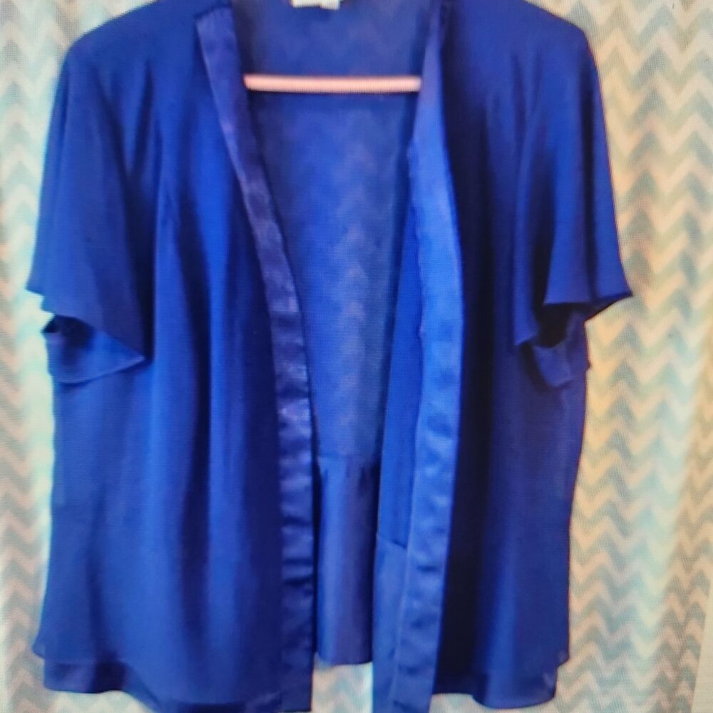 Studio 1 plus size women’s 2 piece satin trimmed dress set sheer cover up blue - Picture 2 of 3